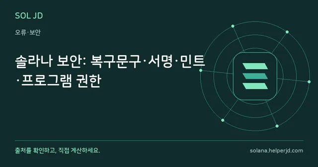 솔라나 보안: 복구문구·서명·민트·프로그램 권한 안내 카드